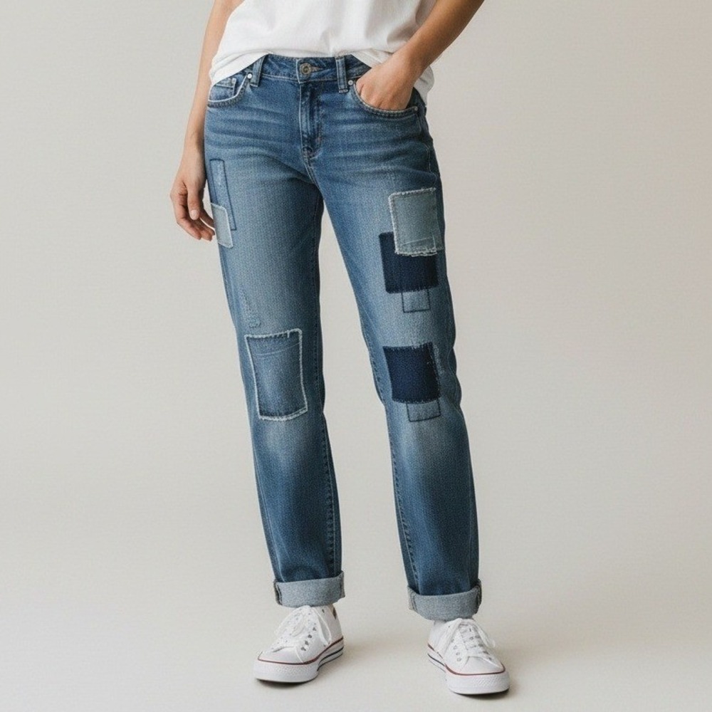 INC International Concepts Patchwork Boyfriend Jeans Blue‎ Medium Wash Size 6